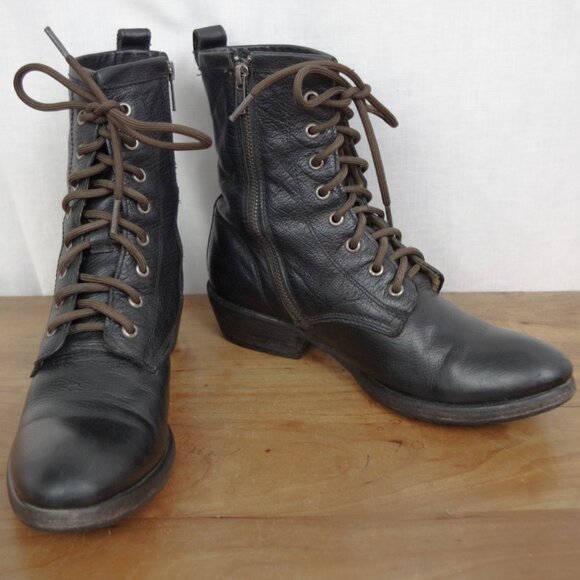 Frye Shoes - FRYE Veronica Black Leather Side Zip Lace Up Combat Style Boots Size 8B